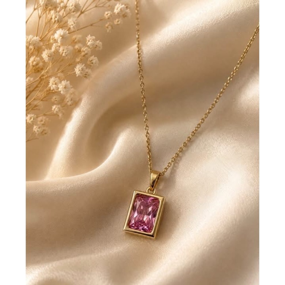 Gold Filled Pink Crystal Rectangle Pendant Necklace Openwork Filigree Detail